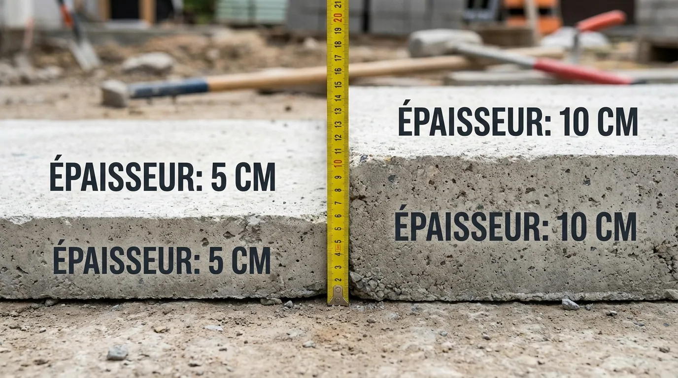Deux dalles de béton côte à côte, de 5 cm et 10 cm d'épaisseur, comparées avec un mètre ruban jaune