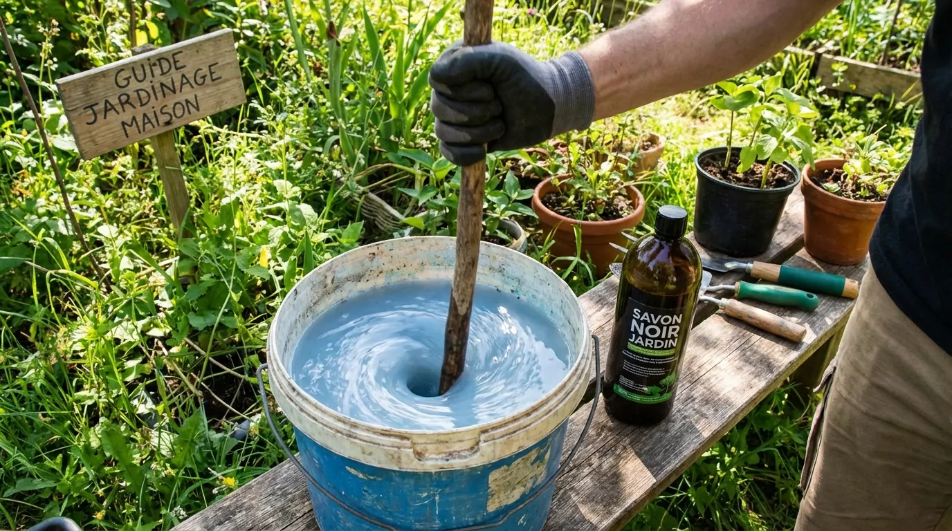 Main gantée remuant au bâton une bouillie bleue dans un seau, à côté d'un flacon de savon noir et de pots de jeunes plants
