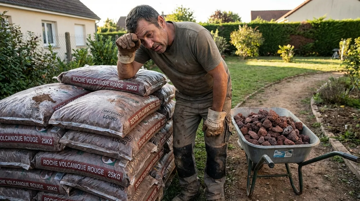 Jardinier épuisé accoudé à une pile de sacs de roche volcanique rouge de 25 kg, près d'une brouette remplie de pouzzolane