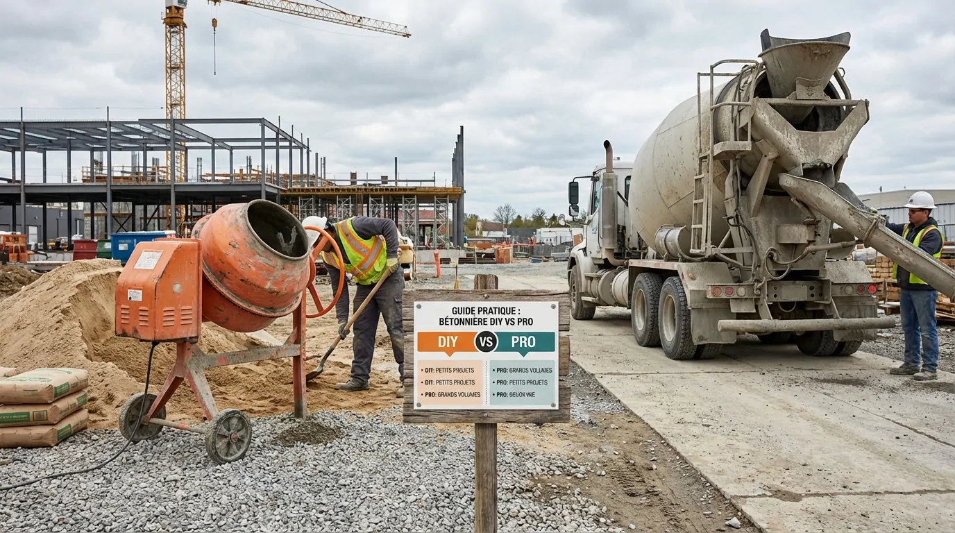 Ouvrier chargeant une bétonnière orange à la pelle à côté d'un camion toupie, panneau comparant les usages DIY et pro