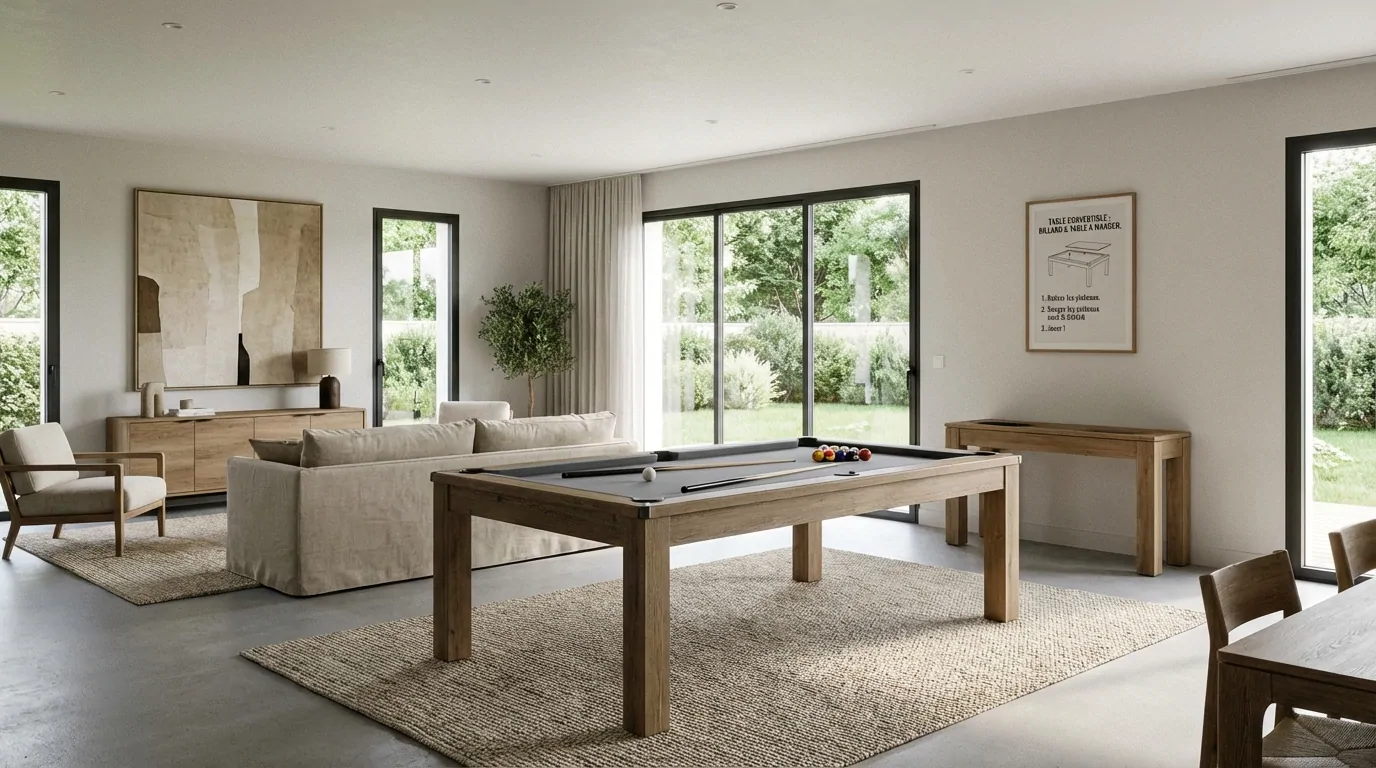 Intégration harmonieuse billard chêne vieilli dans salon contemporain