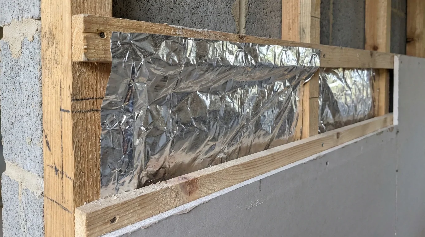Isolant mince aluminisé tendu entre des tasseaux sur un mur en parpaings, plaque de plâtre en cours de pose devant