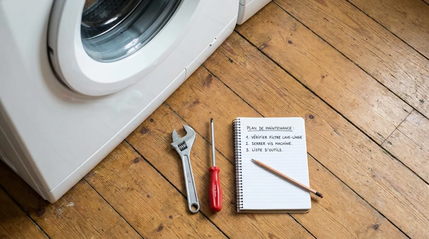 Clé à molette, tournevis et carnet de plan de maintenance posés sur un parquet au pied d'un lave-linge