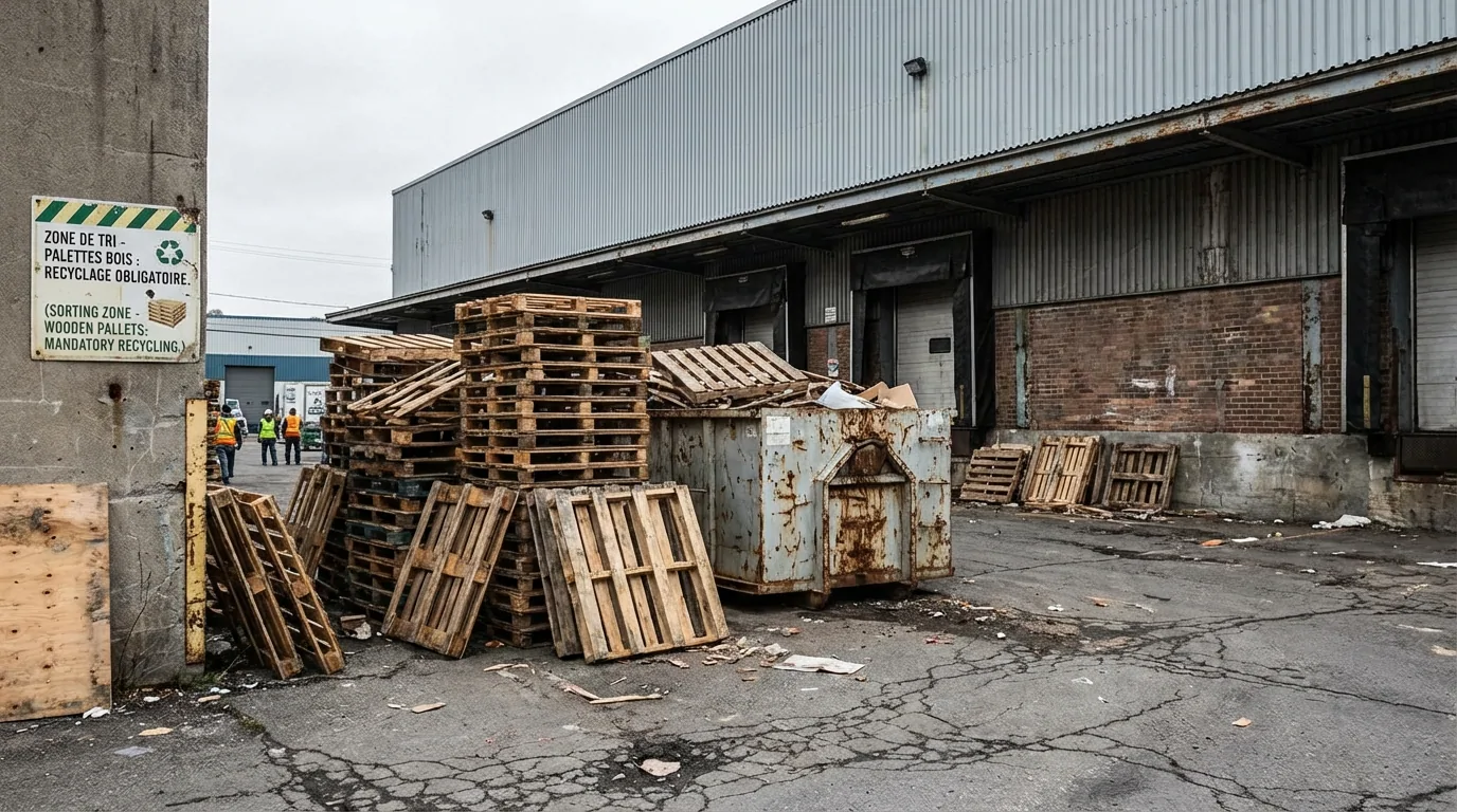 Palettes empilées près d'une benne rouillée devant les quais d'un entrepôt, sous un panneau de zone de tri des palettes bois