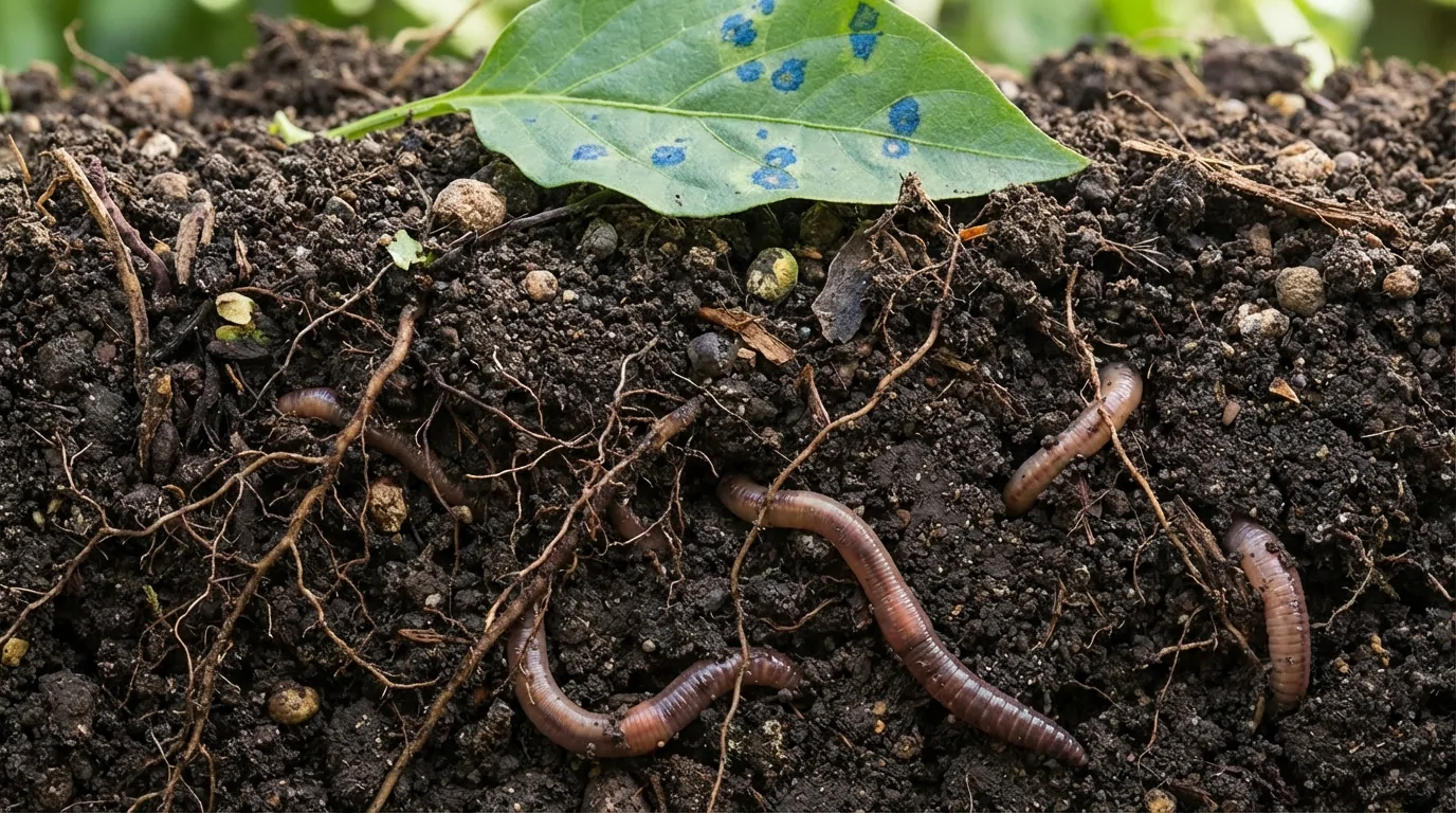 Vers de terre dans un sol sombre parcouru de racines, sous une feuille tachée de gouttes bleues de bouillie bordelaise