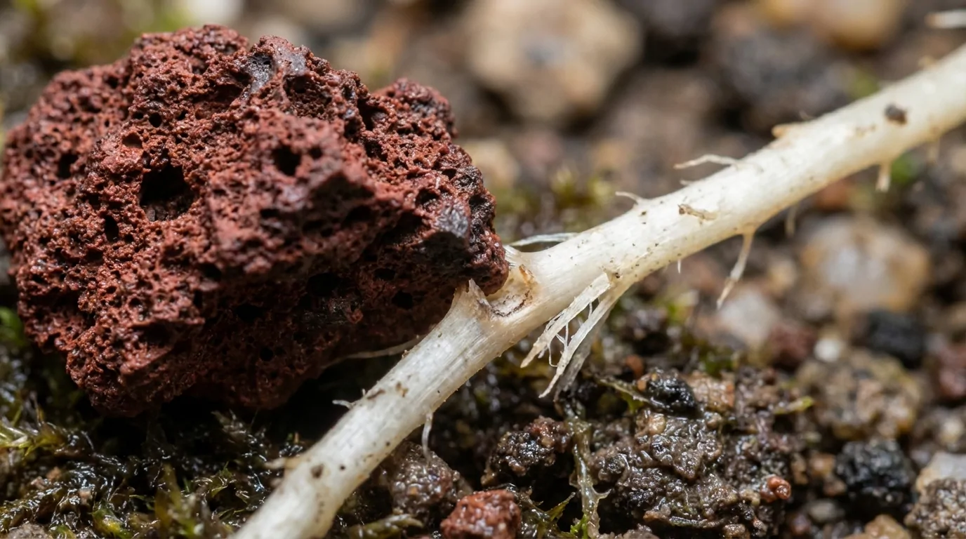 Texture abrasive de la roche volcanique contre une racine fragile