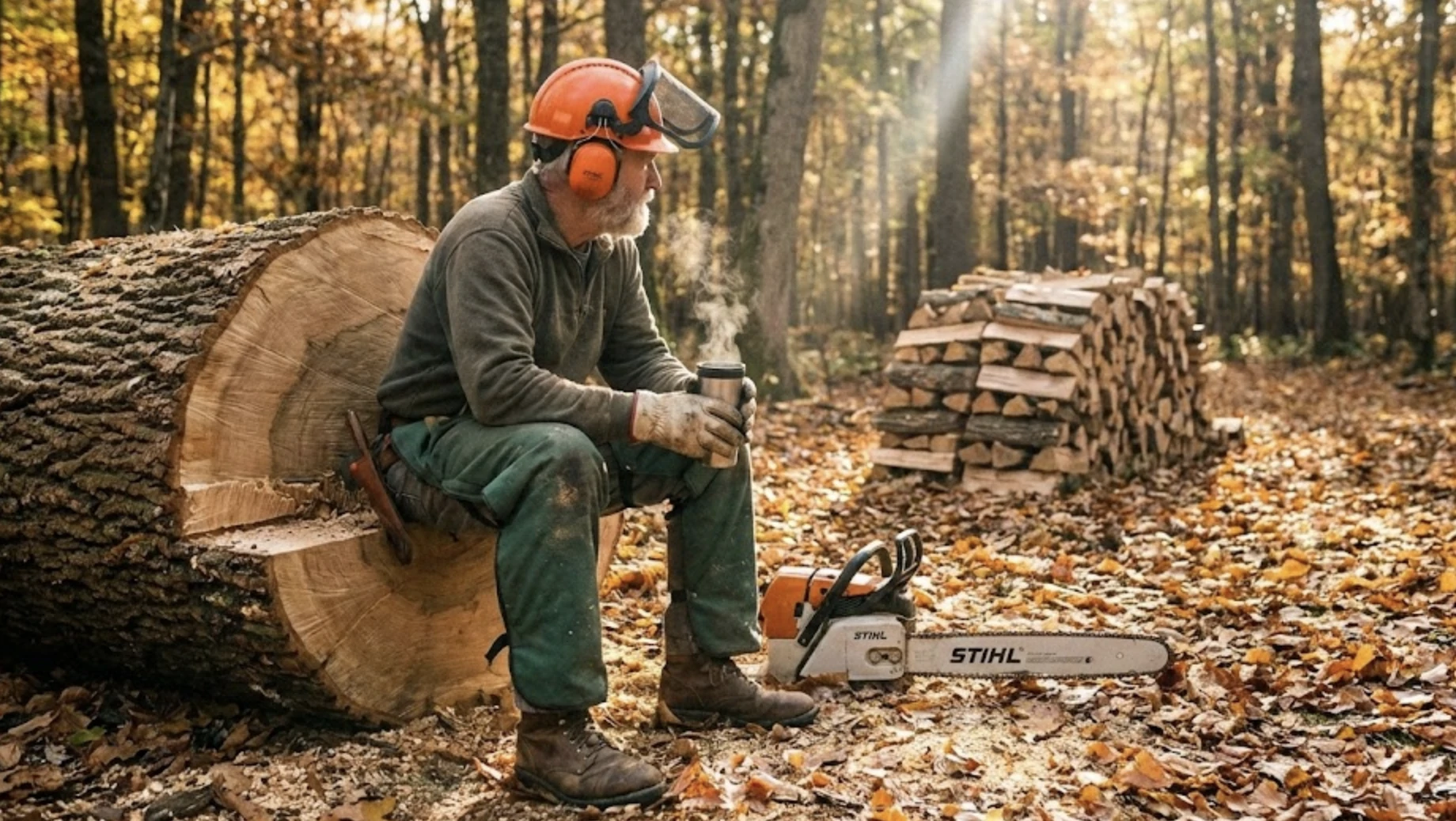 Bûcheron casqué assis sur un tronc en forêt d'automne, tasse fumante en main, tronçonneuse Stihl au sol et bûches empilées