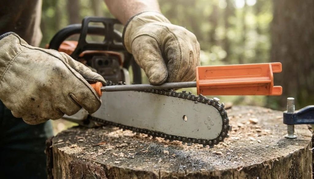 Mains gantées affûtant à la lime ronde, avec un guide orange, la chaîne d'une tronçonneuse posée sur une souche