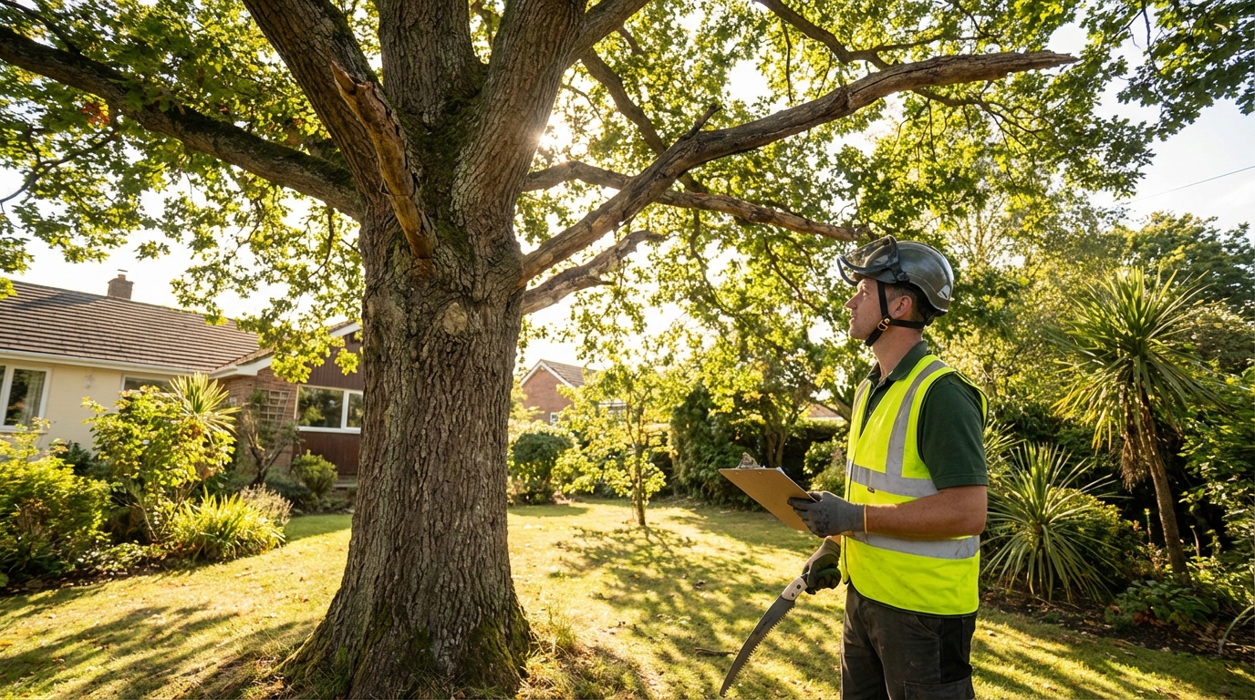 Jardinier professionnel inspectant un arbre gênant dans un jardin résidentiel