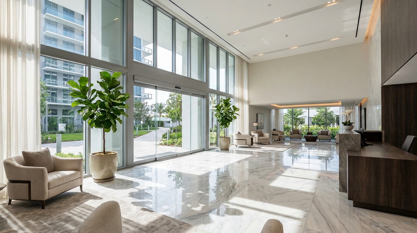 IMG_1-nettoyage-parties-communes-hall-entree-moderne Hall d'entrée d'immeuble moderne et impeccable avec sol en marbre brillant