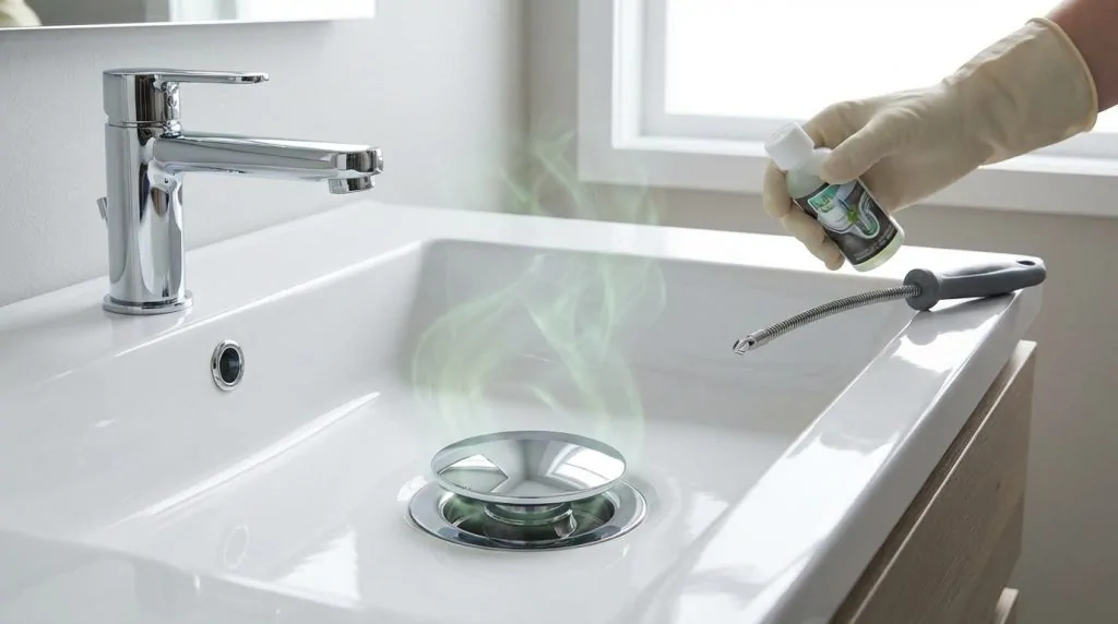 Vapeurs verdâtres s'échappant de la bonde d'un lavabo, main gantée tenant un flacon de nettoyant à côté d'un furet
