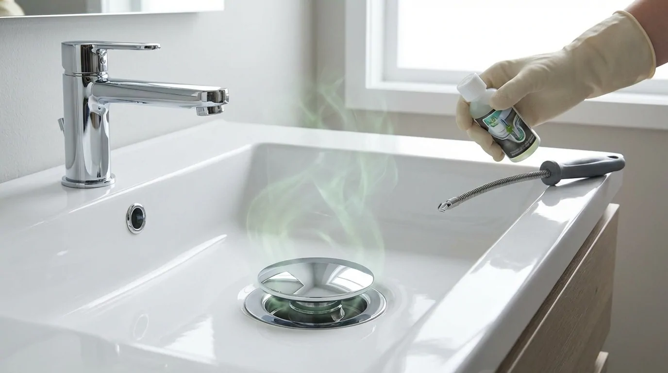 IMG_1-odeur-oeuf-pourri-siphon-salle-de-bain Vapeurs verdâtres s'échappant de la bonde d'un lavabo, main gantée tenant un flacon de nettoyant à côté d'un furet