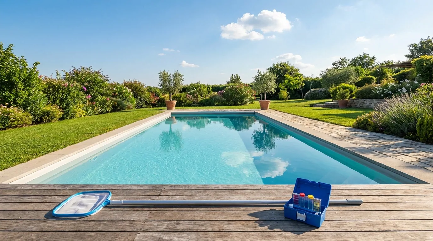 IMG_1-piscine-eau-claire-entretien-jardin Piscine à l'eau turquoise dans un jardin fleuri, épuisette et mallette bleue d'analyse de l'eau sur la terrasse en bois