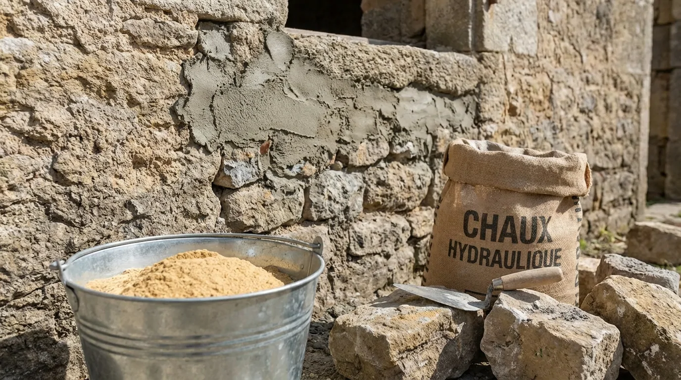 Seau de sable et sac de chaux hydraulique en jute au pied d'un mur en pierre en partie rejointoyé, avec une truelle