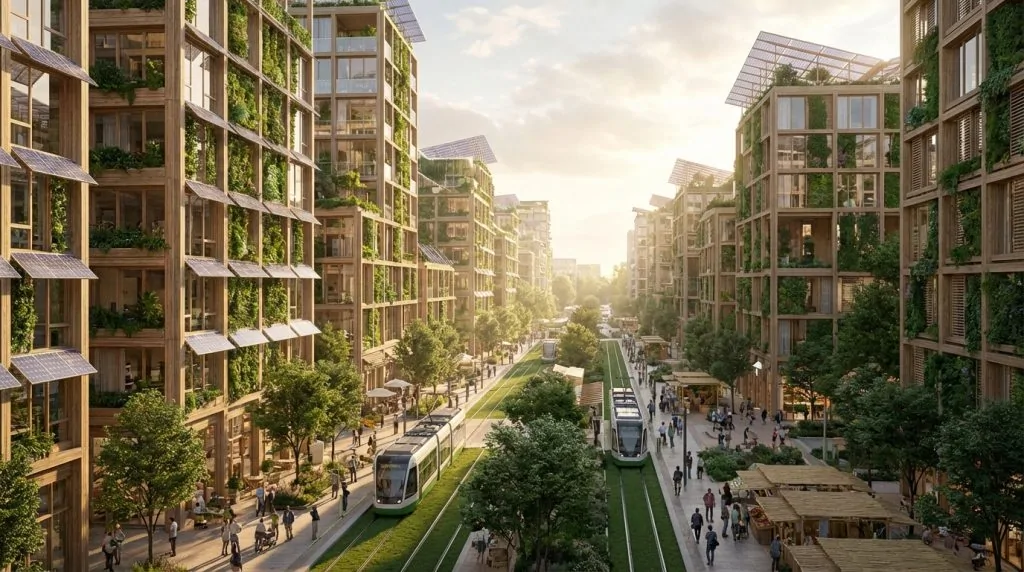 Avenue bordée d'immeubles en bois aux façades végétalisées et toits solaires, parcourue par deux tramways sur voie engazonnée