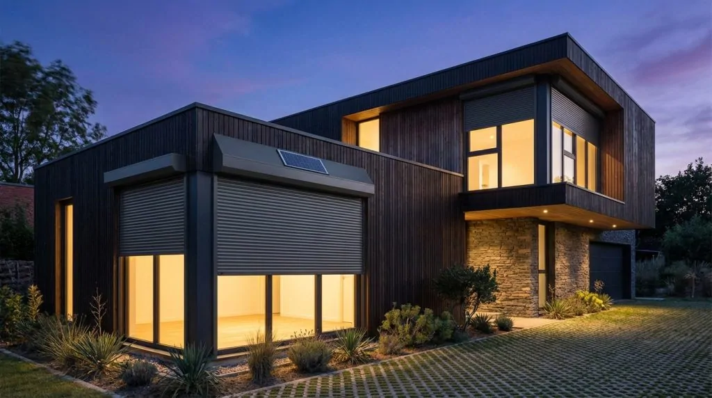 Maison moderne équipée de volets roulants électriques solaires au crépuscule