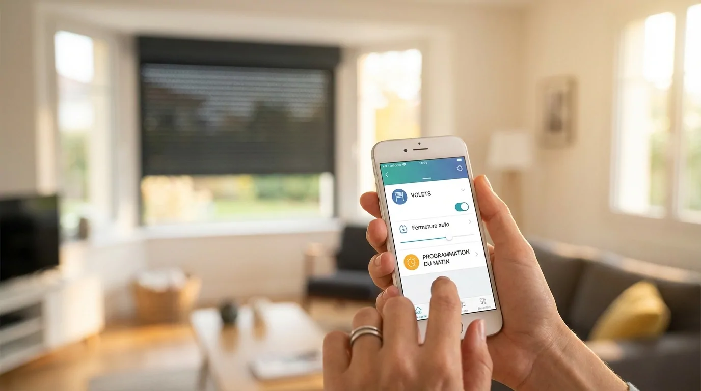 Mains tenant un smartphone affichant une application de volets avec fermeture auto, devant une baie au volet roulant baissé