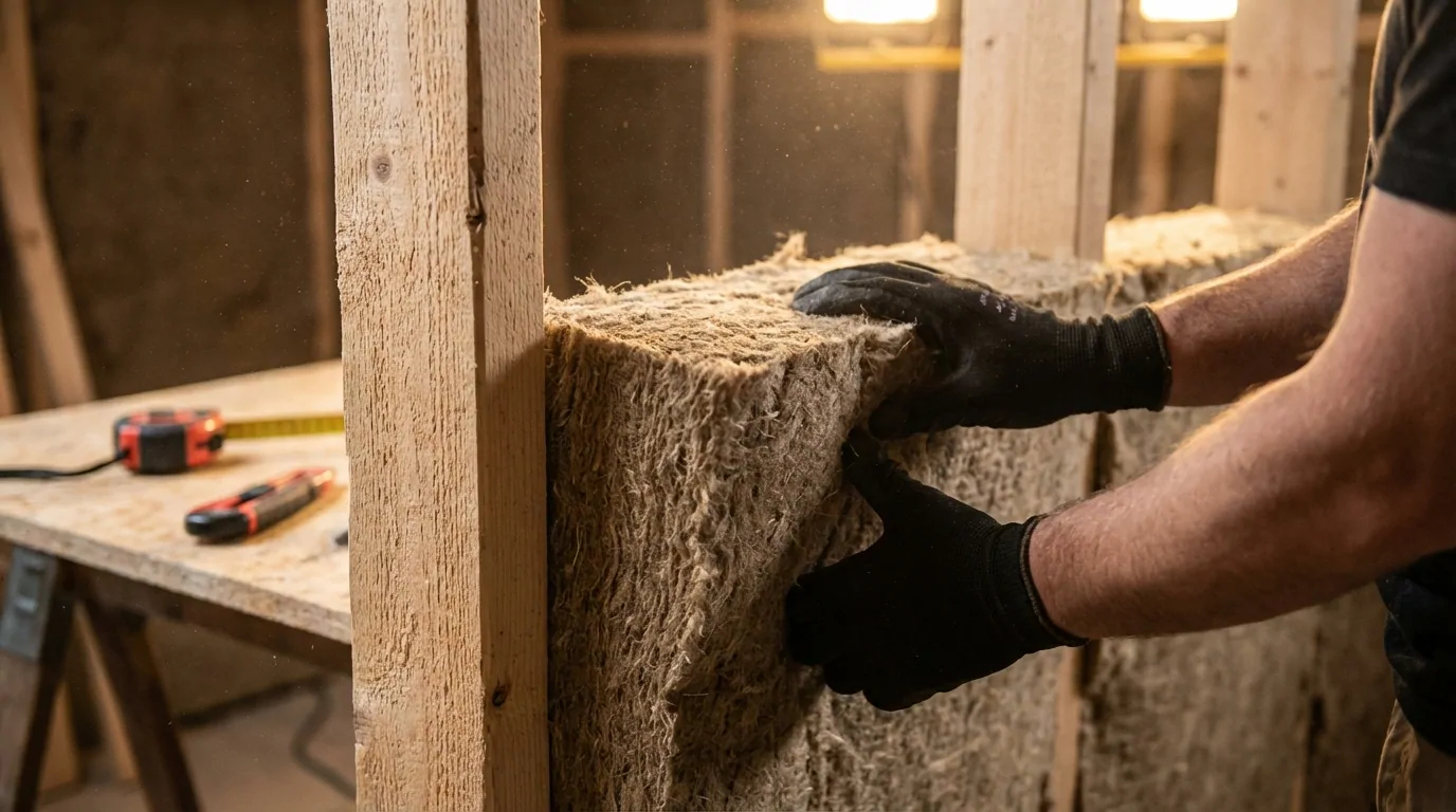 Mains gantées insérant un panneau souple de fibre de bois entre les montants d'une ossature en bois, établi en arrière-plan