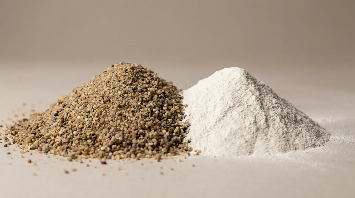 Tas de sable de rivière à gros grains posé à côté d'un cône de chaux en poudre blanche, sur un fond beige