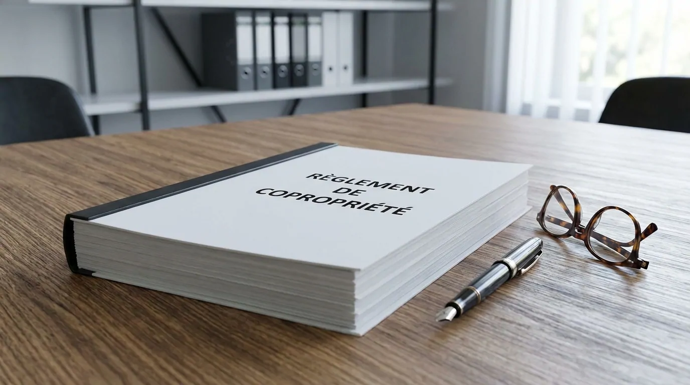 Épais règlement de copropriété posé sur une table en bois avec un stylo plume et des lunettes, classeurs en arrière-plan