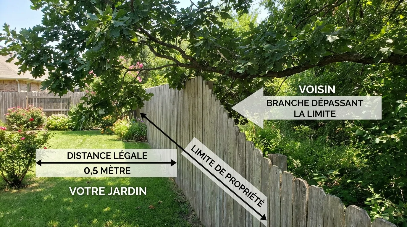 Branche du voisin dépassant une clôture en bois, avec annotations de la limite de propriété et d'une distance légale de 0,5 m