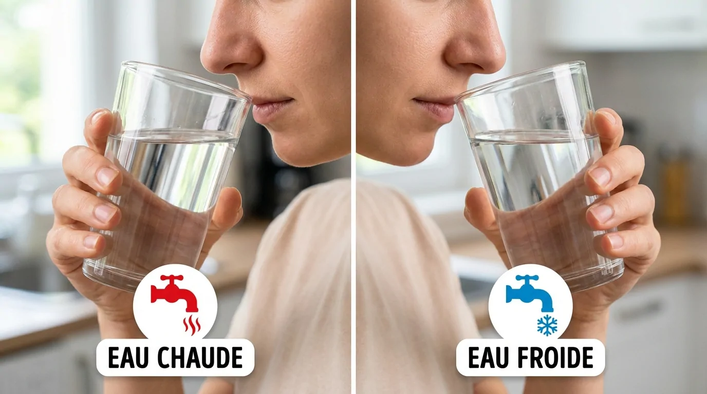 Femme portant un verre d'eau à son nez, en deux vues comparées étiquetées eau chaude et eau froide