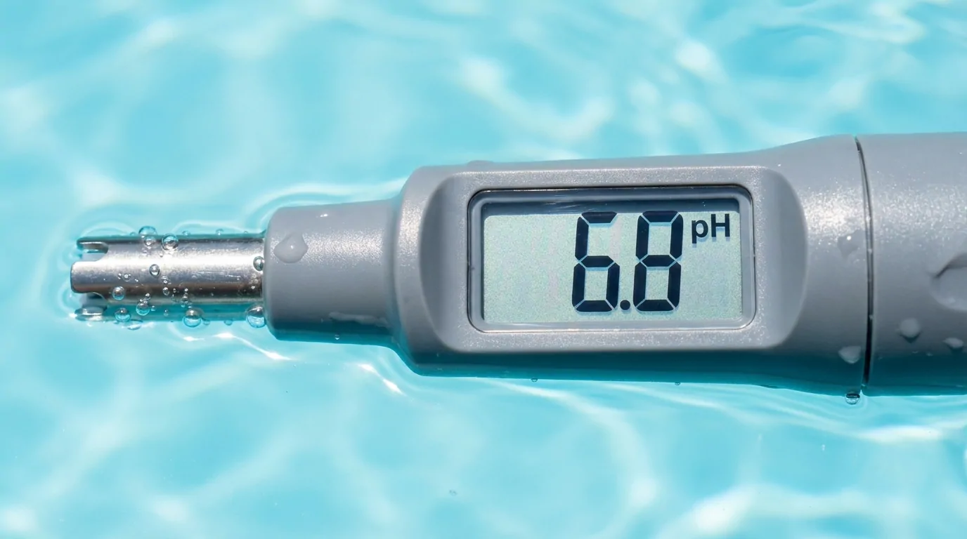 Testeur de pH électronique plongé dans l'eau d'une piscine, affichant 6,8 : une eau trop acide