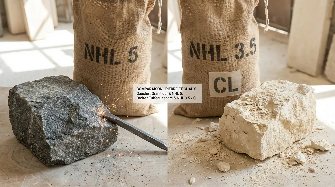 Bloc de granit frappé au burin devant un sac de chaux NHL 5, à côté d'un tuffeau friable devant un sac marqué NHL 3.5 et CL