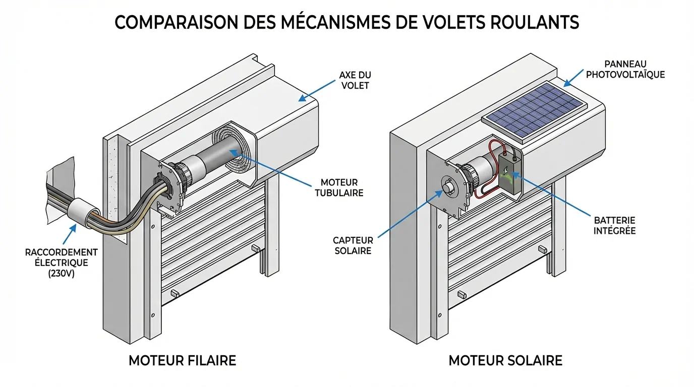 Schéma comparant un volet roulant à moteur tubulaire filaire raccordé en 230 V et un moteur solaire avec panneau et batterie