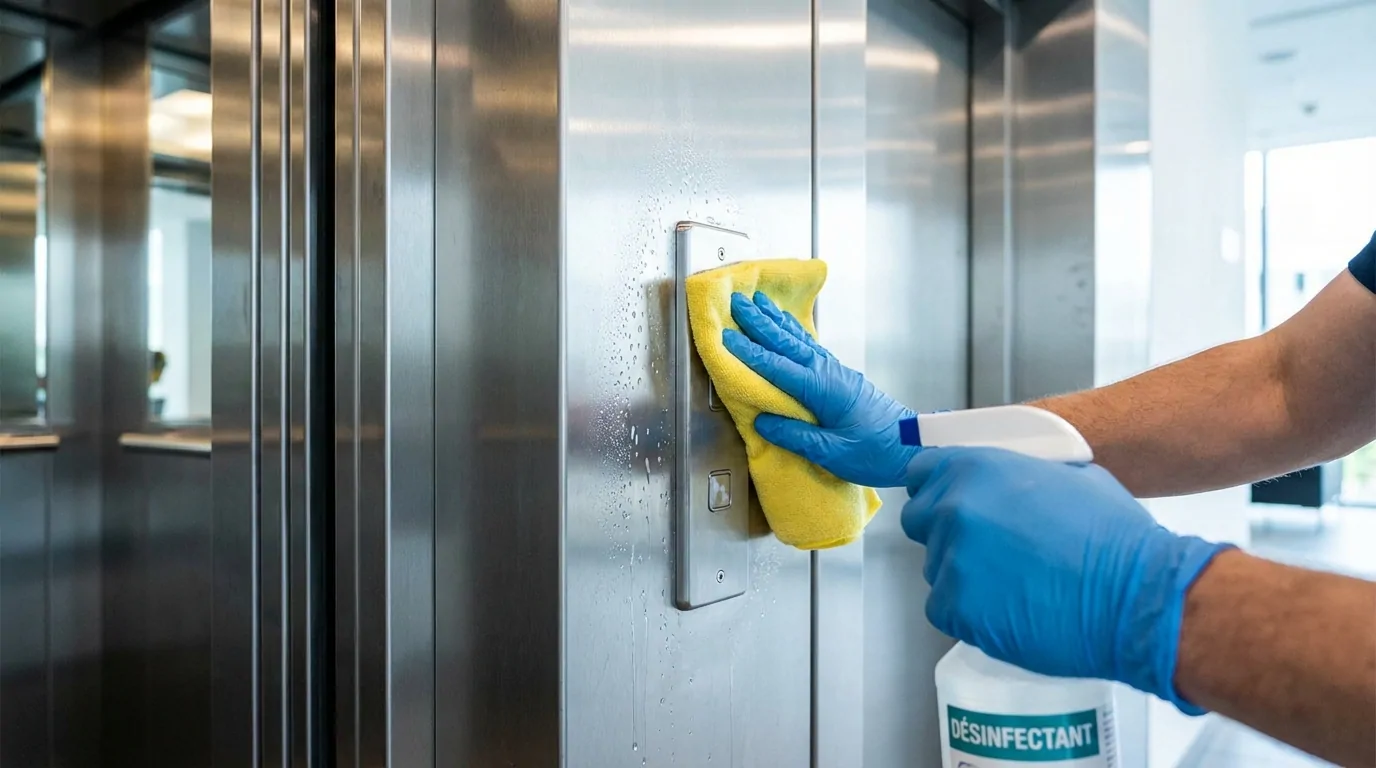 Mains en gants bleus essuyant le bouton d'appel d'un ascenseur en inox avec une lavette, flacon de désinfectant en main