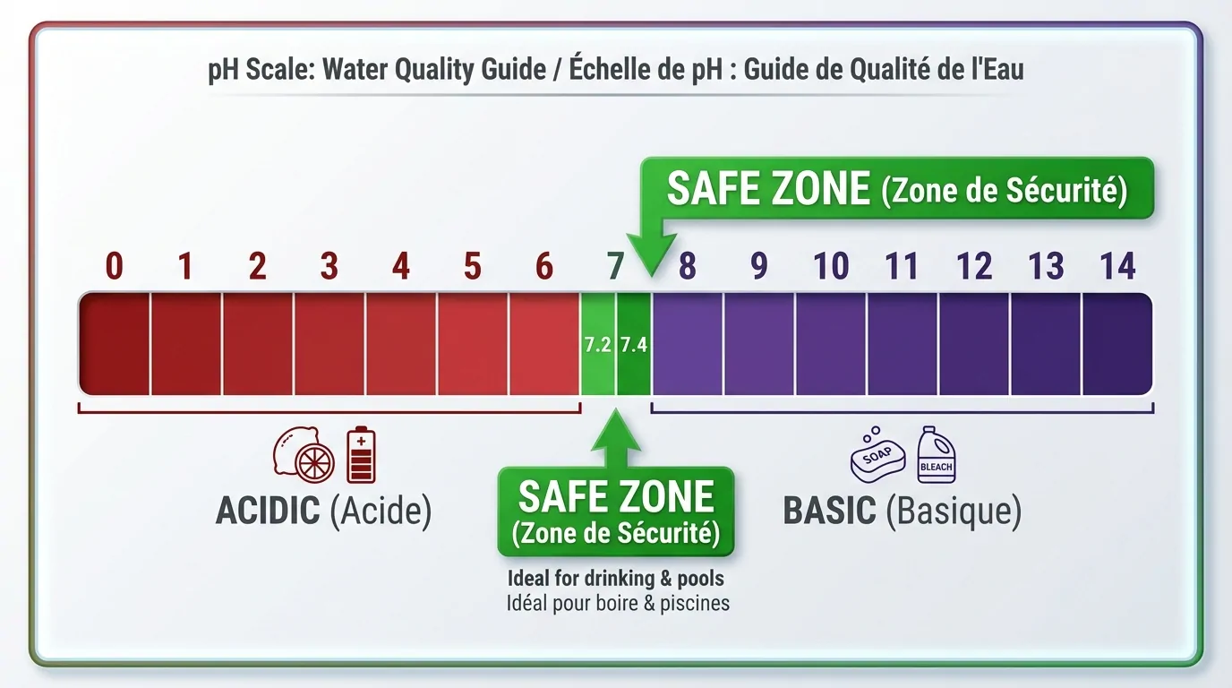 Échelle de pH de 0 à 14, du rouge acide au violet basique, avec la zone de sécurité entre 7,2 et 7,4 surlignée en vert