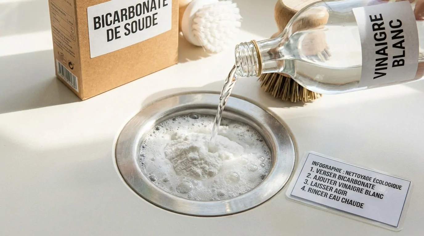 Vinaigre blanc versé sur du bicarbonate de soude moussant dans une bonde d'évier, à côté d'une fiche des quatre étapes