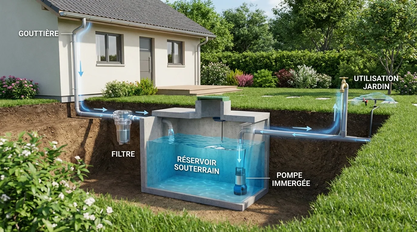 Schéma de récupération d'eau de pluie : gouttière, filtre, réservoir souterrain à pompe immergée et robinet pour le jardin