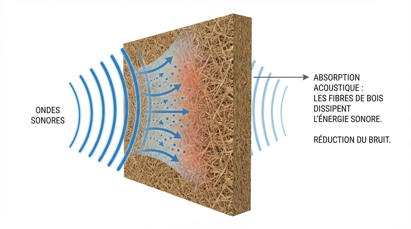 Schéma d'ondes sonores traversant un panneau en fibres de bois qui dissipe leur énergie et réduit le bruit