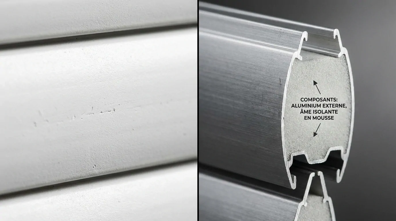 Lames de volet en PVC blanc rayées à côté d'une lame en aluminium coupée montrant son âme isolante en mousse