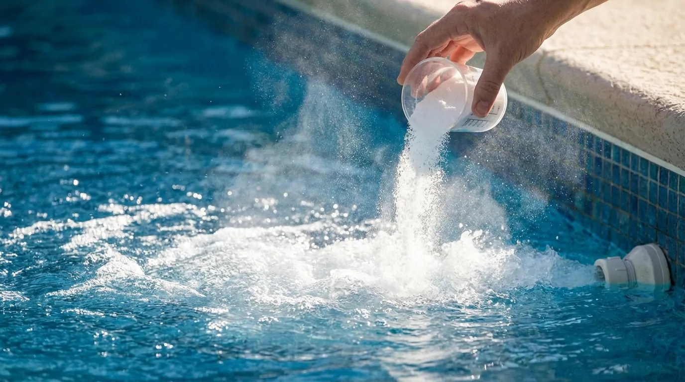 Main versant au gobelet une poudre blanche de bicarbonate dans l'eau d'une piscine, juste devant une buse de refoulement