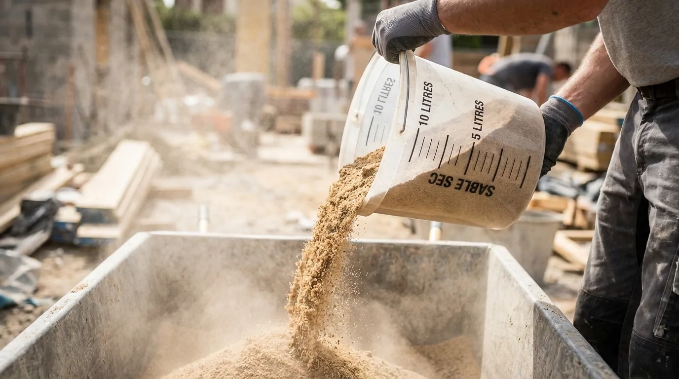 Maçon versant du sable sec dans une auge avec un seau gradué jusqu'à 10 litres, sur un chantier