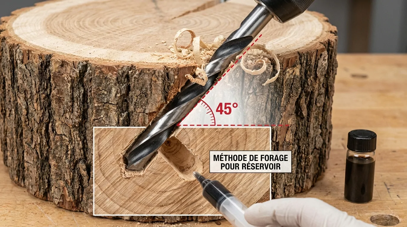 Mèche perçant un rondin à 45 degrés, encart montrant le trou réservoir rempli à la seringue et flacon de produit