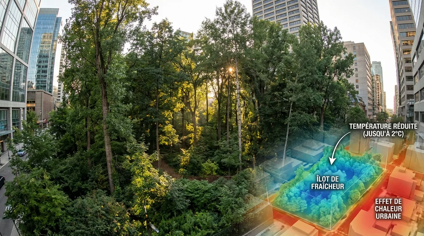 Forêt urbaine dense entre des tours, avec en surimpression la carte thermique d'un îlot de fraîcheur jusqu'à 2 °C plus frais