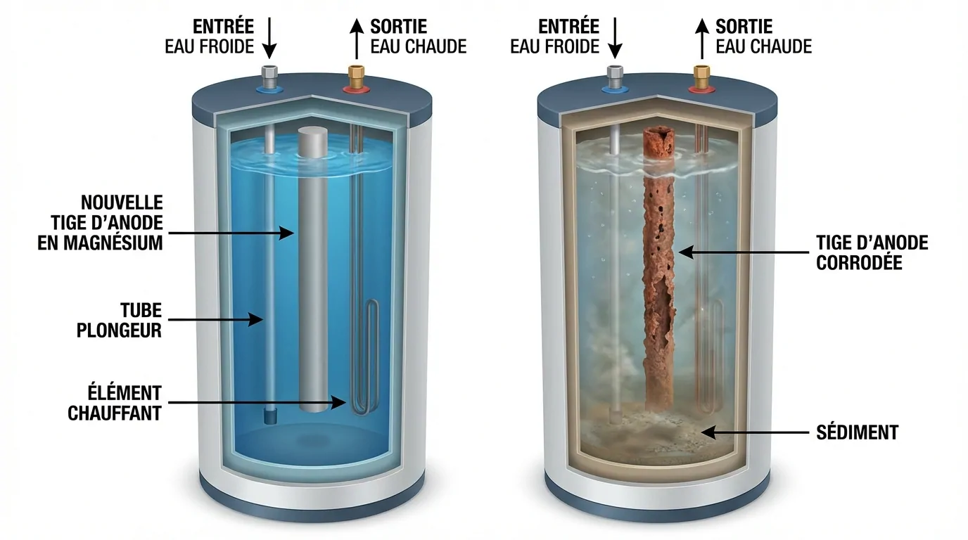 Schéma comparant un chauffe-eau à anode neuve en magnésium et un ballon à l'anode corrodée entourée de sédiments