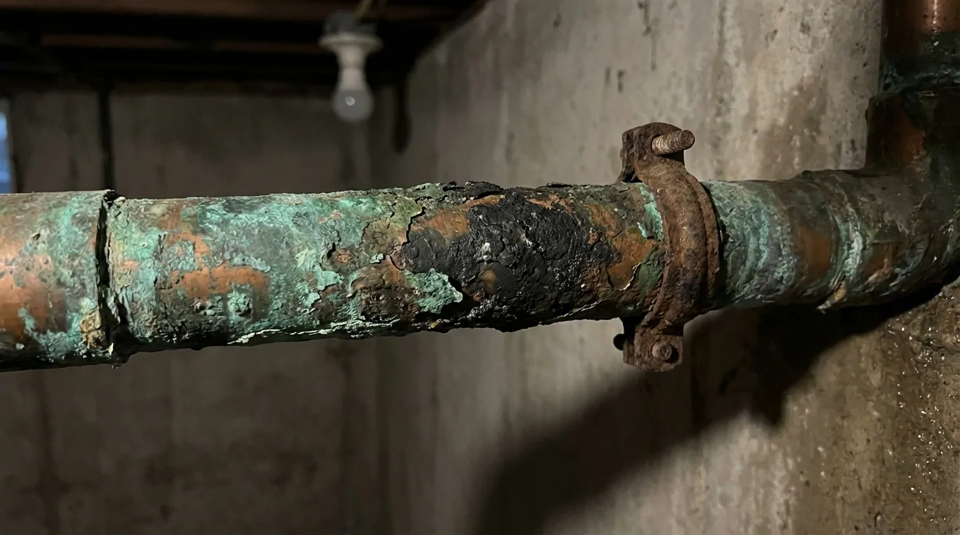 Tuyau en cuivre couvert de vert-de-gris et de plaques noires de corrosion, tenu par un collier rouillé dans une cave