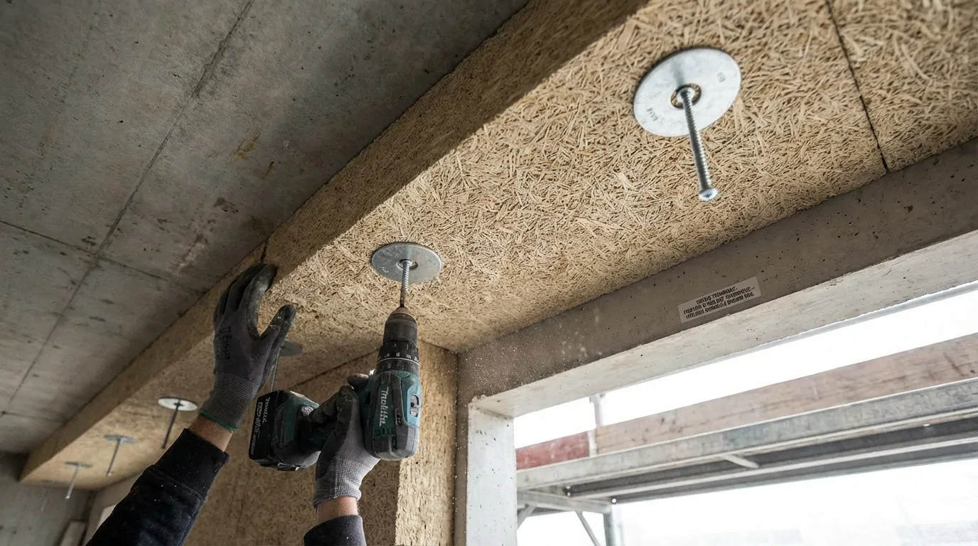 Mains gantées vissant un panneau de laine de bois ciment sous un plafond en béton, avec de larges rondelles métalliques