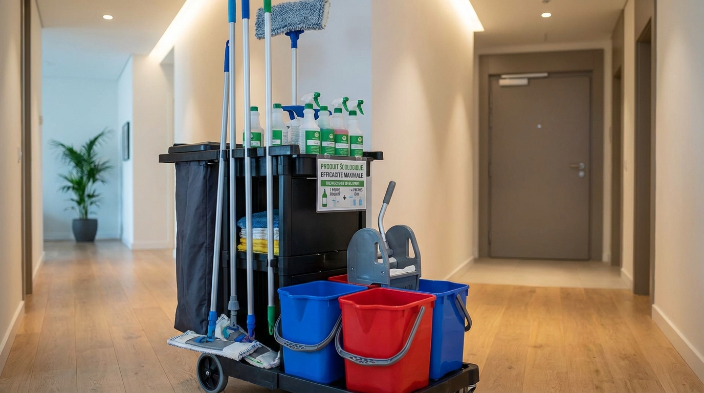 Chariot de nettoyage professionnel dans un couloir de copropriété