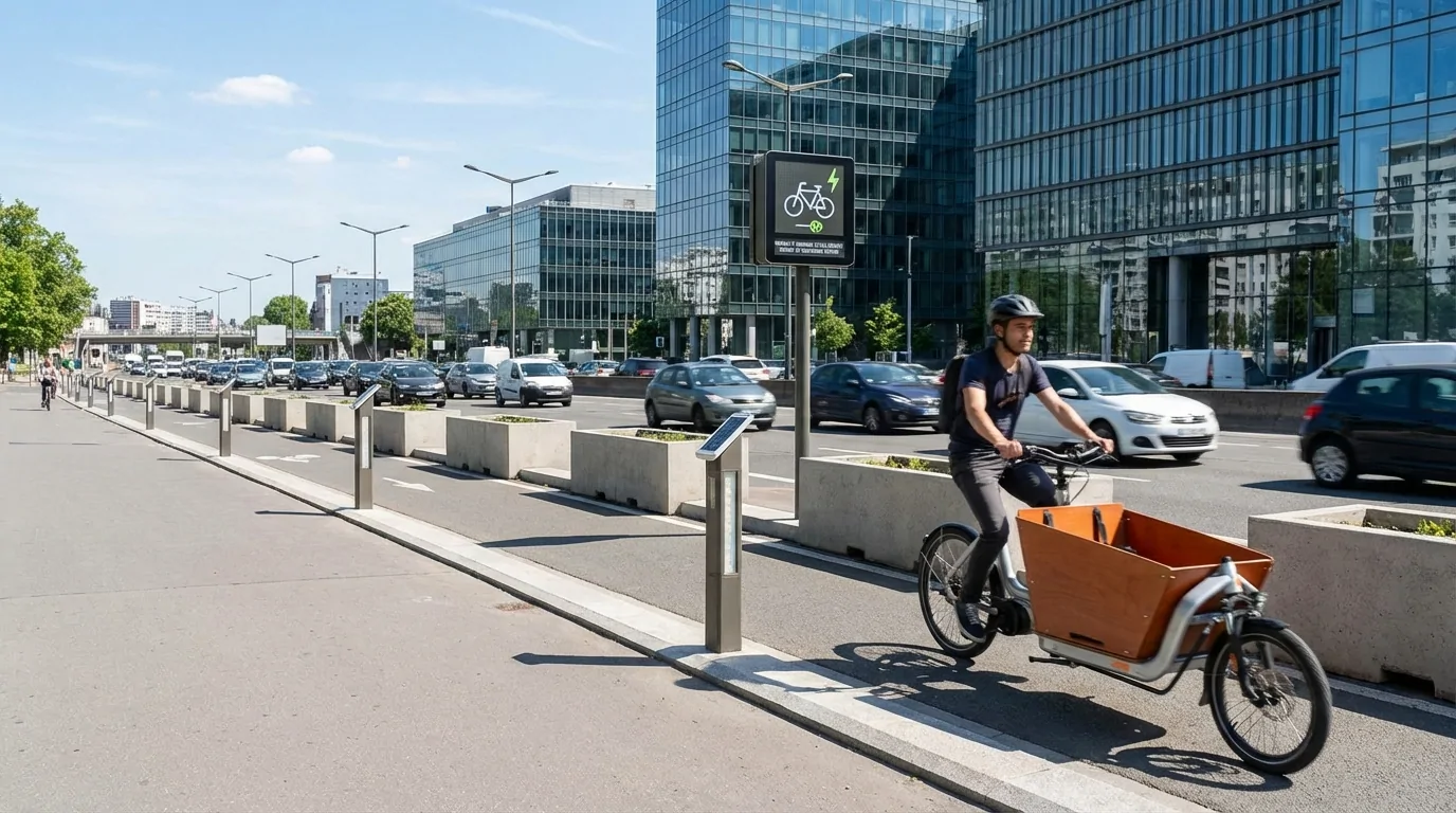 Cycliste casqué sur un vélo cargo à caisse orange, sur une piste cyclable séparée des voitures par des jardinières en béton