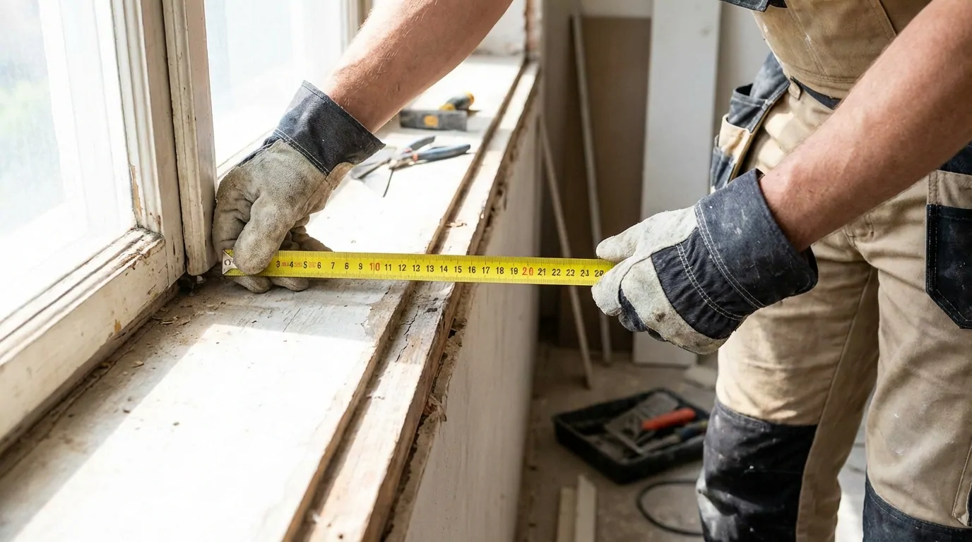 Mains gantées mesurant au mètre ruban jaune la largeur d'un tableau de fenêtre en rénovation, avant la pose d'un volet