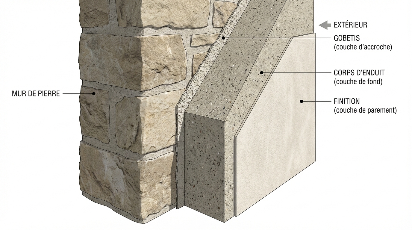 Schéma coupe technique des trois couches enduit chaux traditionnel