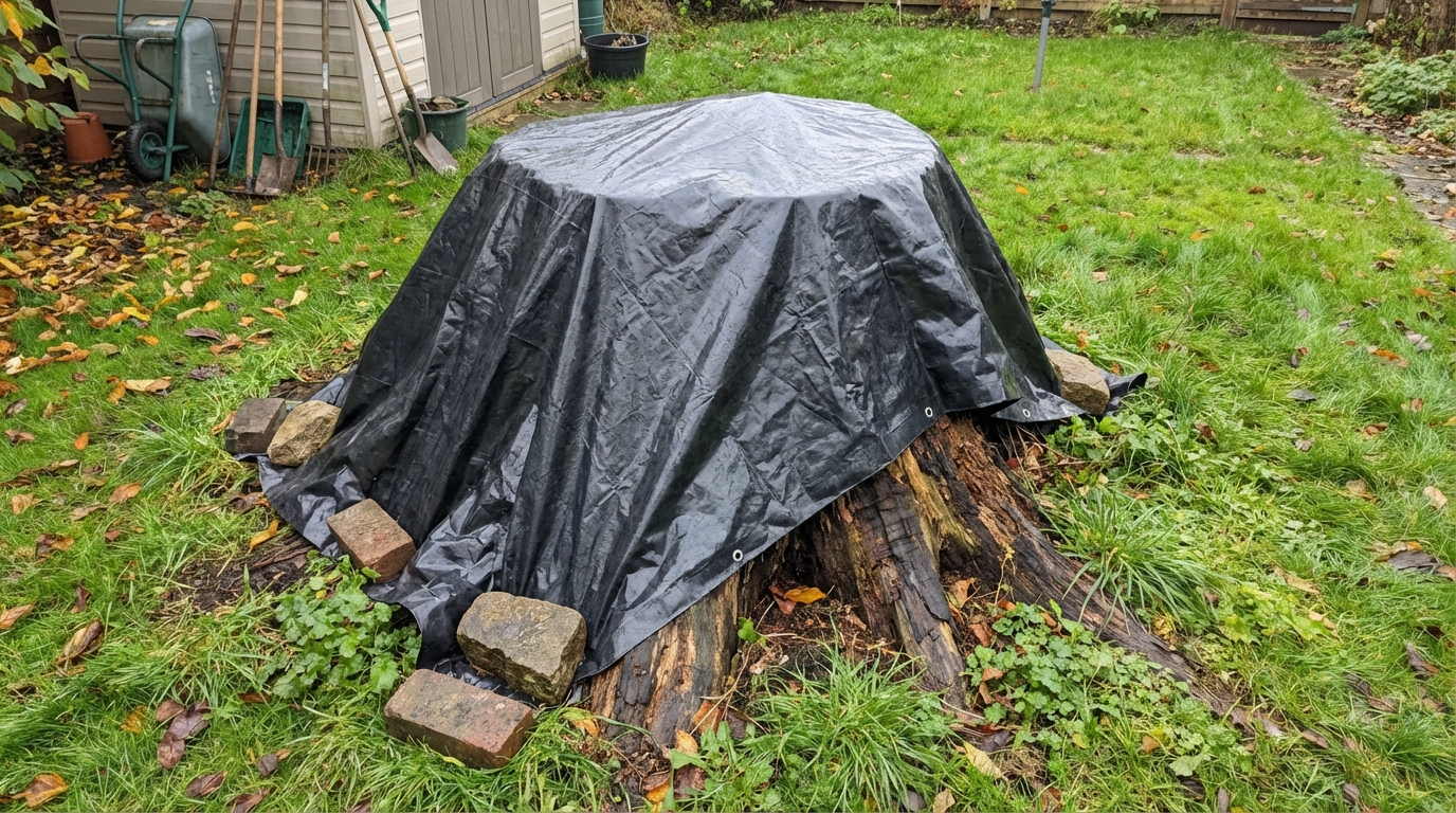 Souche d'arbre recouverte d'une bâche noire pour accélérer le pourrissement