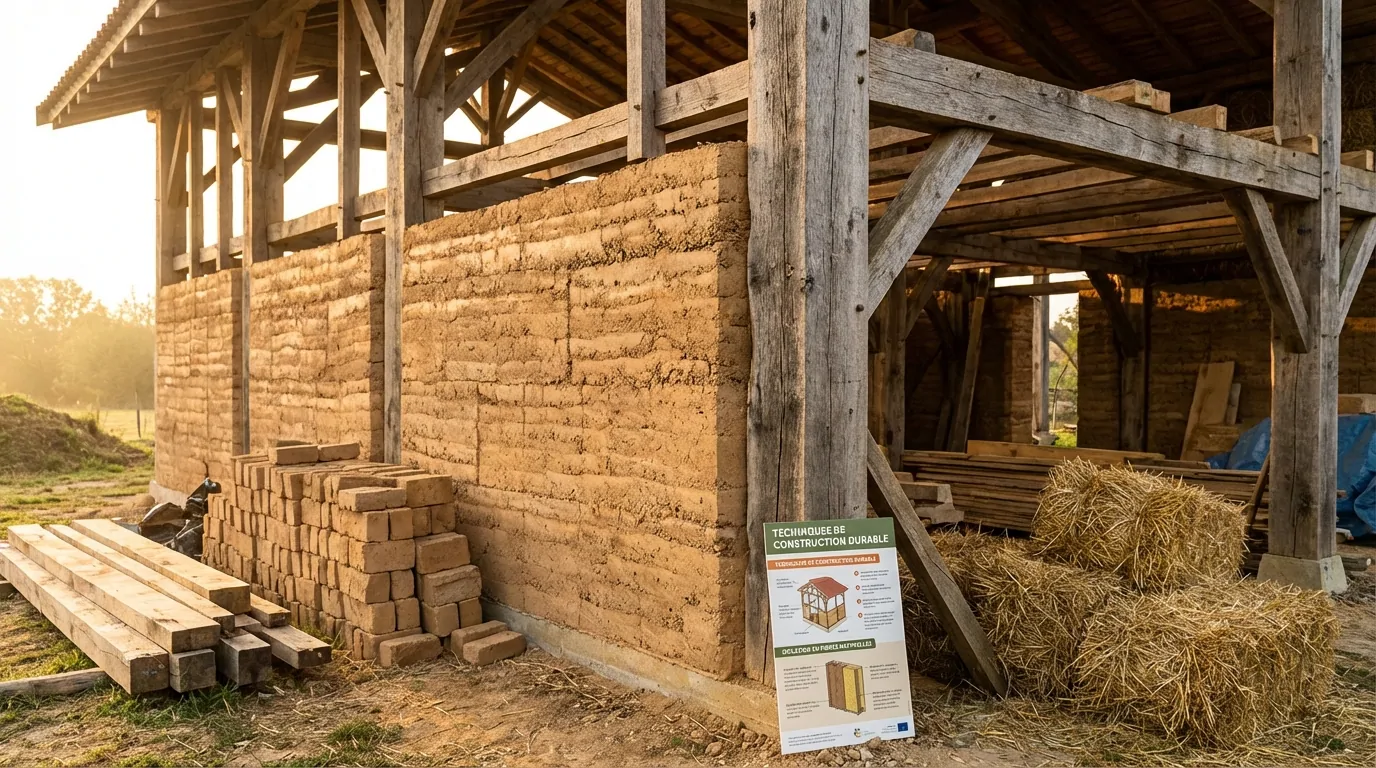 Charpente en bois massif garnie de murs en blocs de terre crue, avec des piles de briques et des bottes de paille au sol