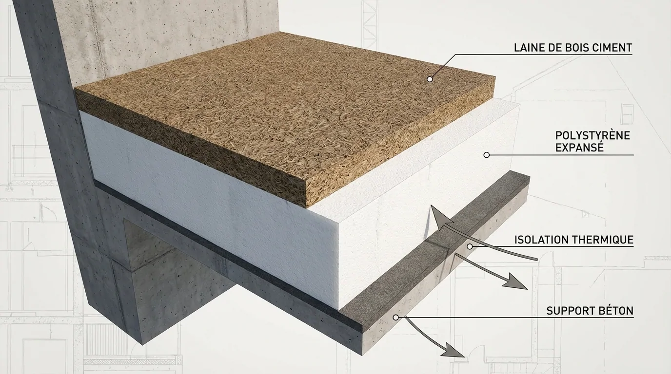 Coupe d'un panneau composite : couche de laine de bois ciment sur du polystyrène expansé isolant, posé sur un support béton