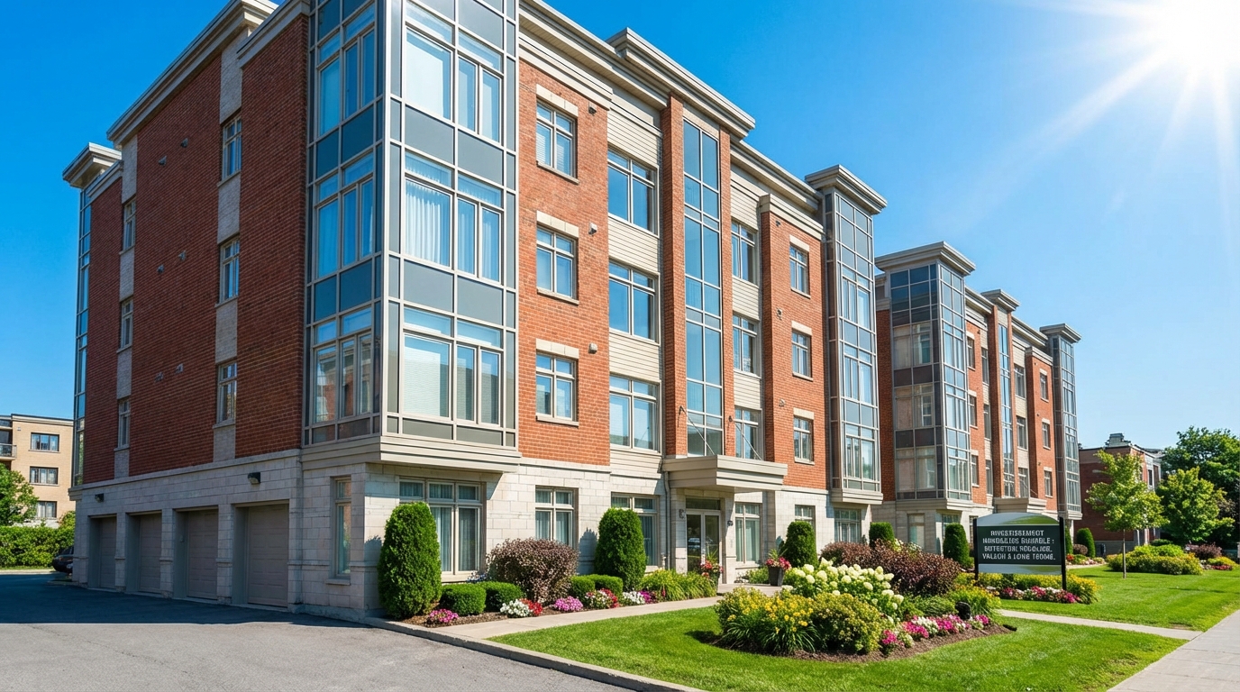 Façade d'immeuble résidentiel bien entretenu avec vitres propres